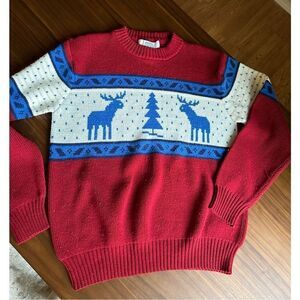 Vintage Whitefish Bay Acrylic Holiday Knit Sweater Maroon Moose Pine
